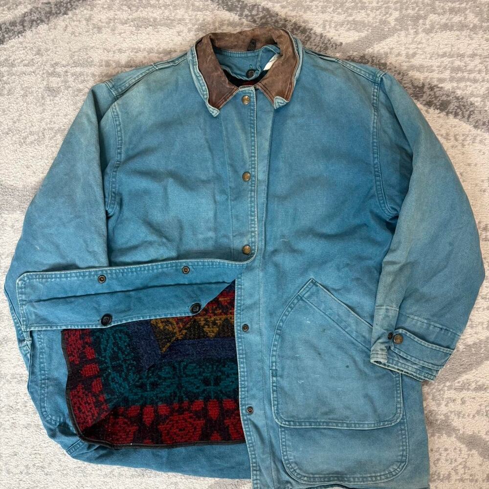 Vtg Woolrich Field Barn Chore Teal Canvas Jacket Mens Size Small Aztec Blanket